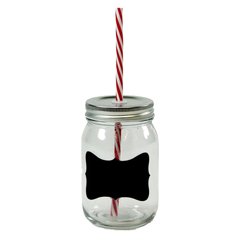 Mason Jar Glass with Lid, Straw & Blackboard Label - 6 Pack