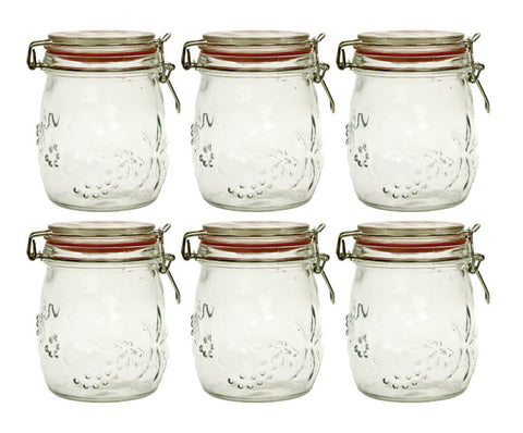 011 Set 6 Embossed Glass Jars with clip lid online nz